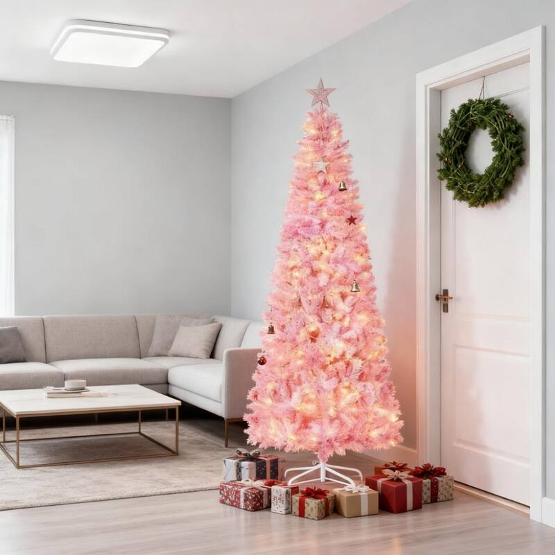 Pencil Shape with Christmas Tree,Snow Flocked Artificial Christmas Tree with Pine Realistic Branches,Warm White LED lights