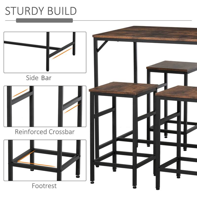 5-Piece Rustic Wood Table Bar Set with Footrest and Black Steel Frame for Home Kitchen or Dining