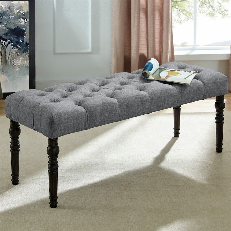 Fabric Tufted Turned Leg Dining Bench - Grey