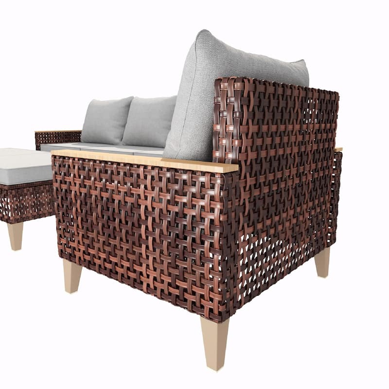 5-Piece High Footed Hollowed Out Rattan Furniture Set - 7-Seat Sofa Set with Cushions
