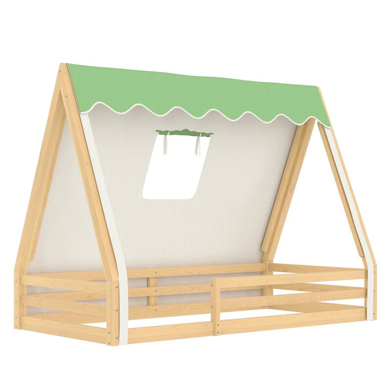 House Floor Bed with Tent and Light Montessori Kids Wood Bed Frame