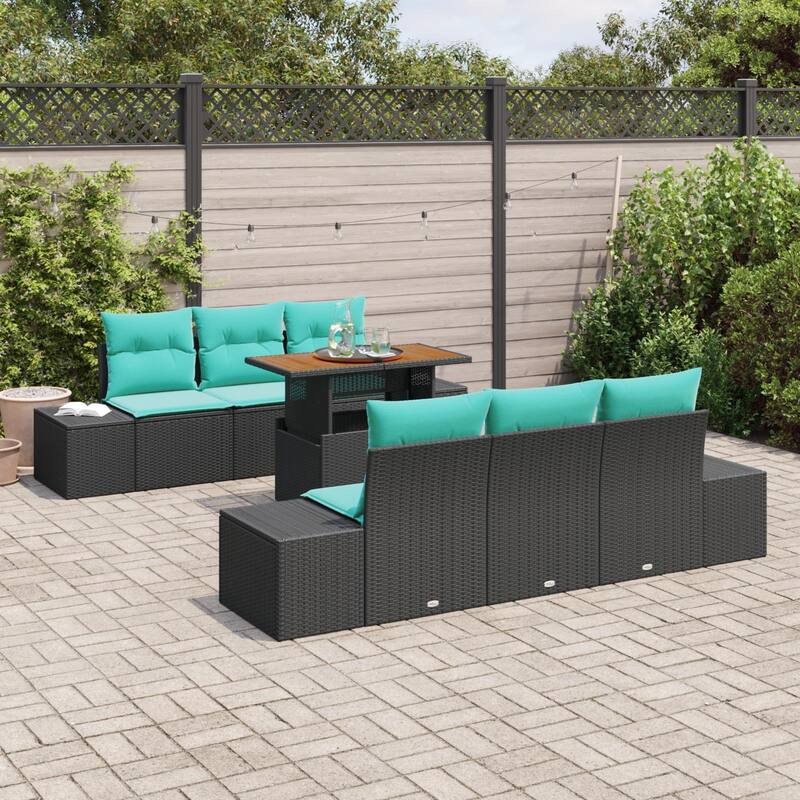 vidaXL 7 Piece Garden Sofa Set with Cushions Black Poly Rattan - 94.1×24.4×27.2