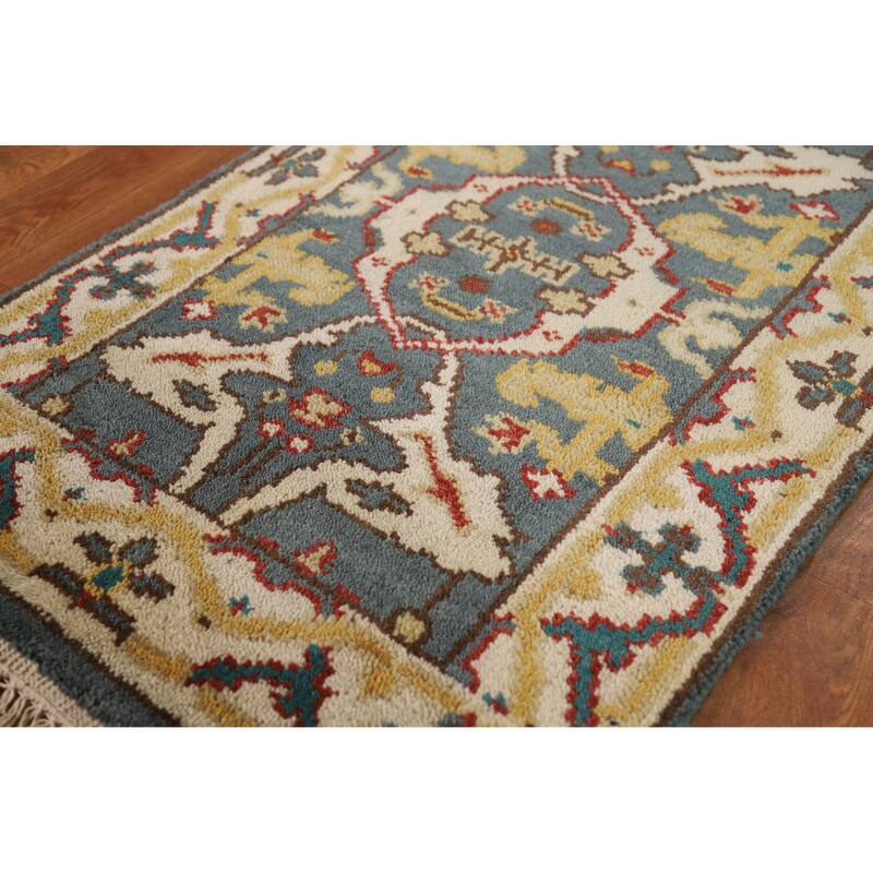 Blue Geometric Oushak Oriental Foyer Rug Handmade Wool Carpet - 2'0"x 3'0"