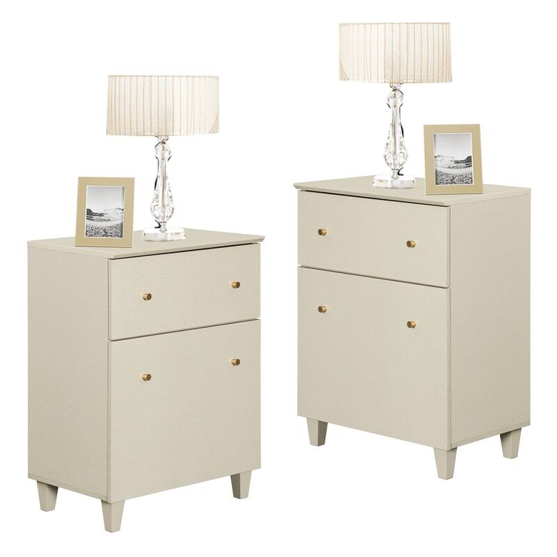 Bedroom Night Stand Bedside Table with Drawer and Cabinet, 32.4"H - Beige - 2-drawer