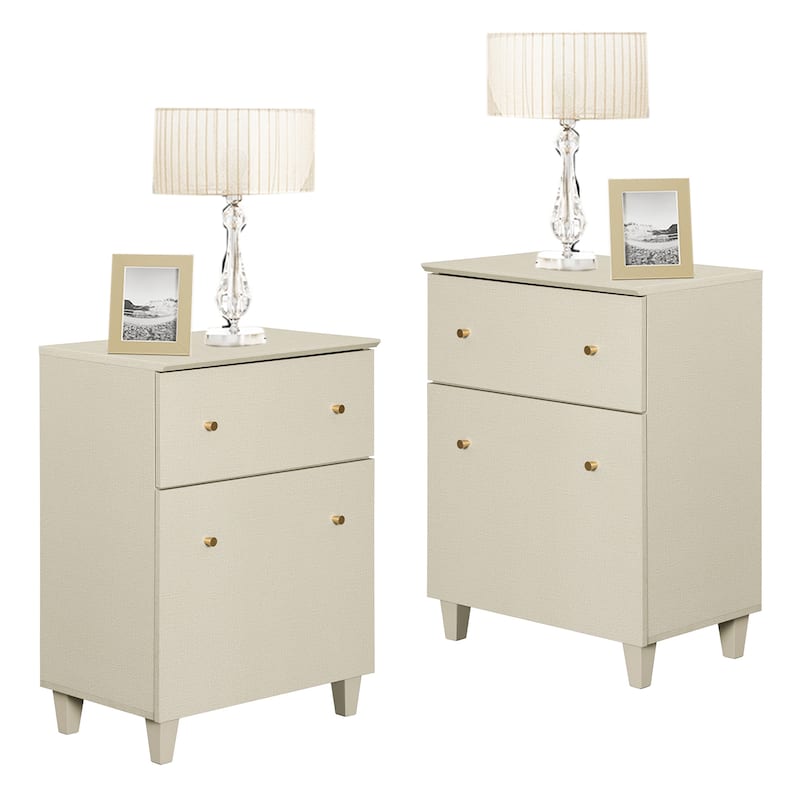 Large End Table with Drawer and Door for Living Room - 2 Pack - Beige