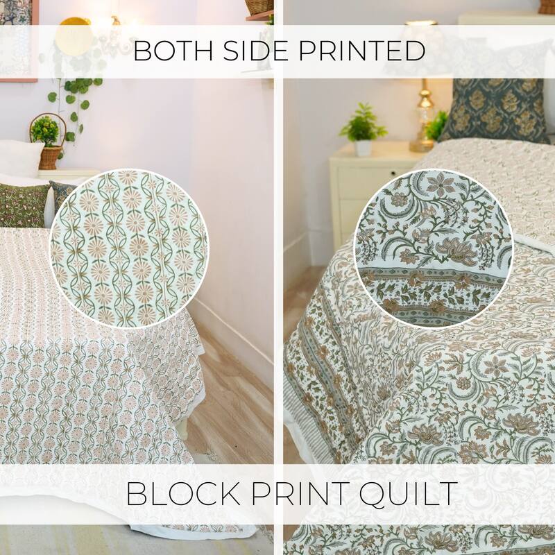 Fabdivine Luxury Hand Block Print Cotton Quilt Floral Boho Bedding for Bedroom & Sofa, Green Gray, Handmade Reversible Bedspread