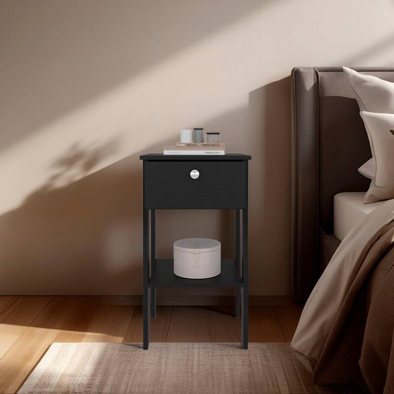 Modern Black Nightstand with One Drawer and Open Shelf