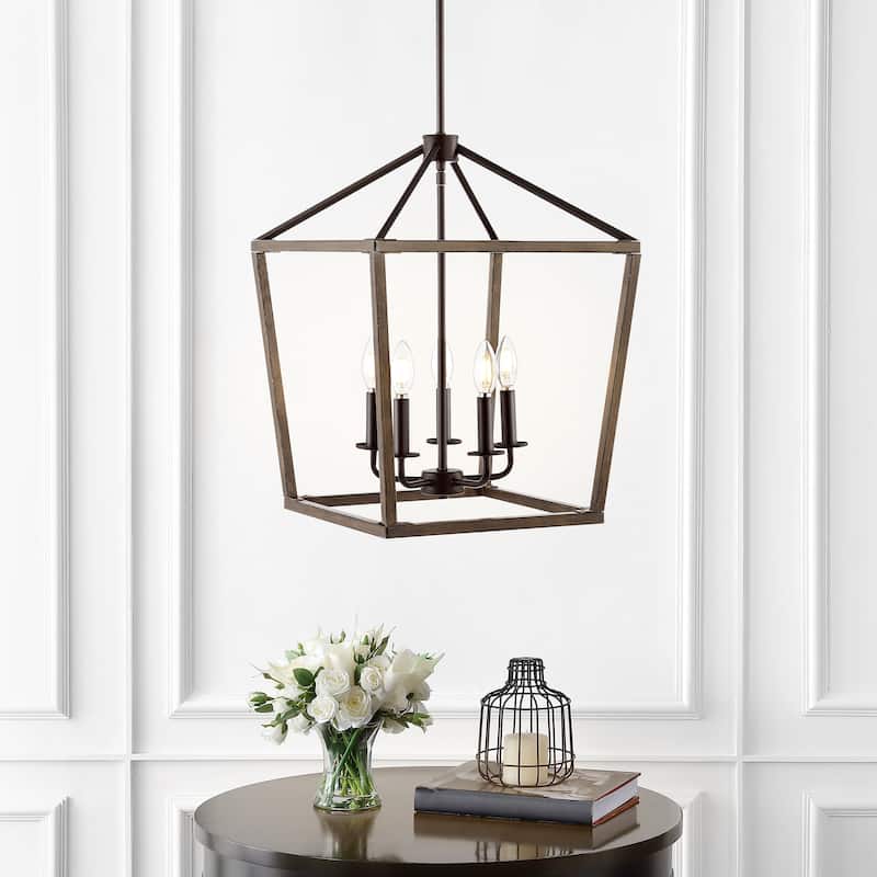 Oria Iron Farmhouse Industrial Lantern LED Pendant, Oil Rubbed Bronze/Faux Wood by JONATHAN Y