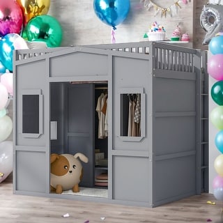 Full Size House Loft Bed With Ladder and Wardrobe, Stability, Grey