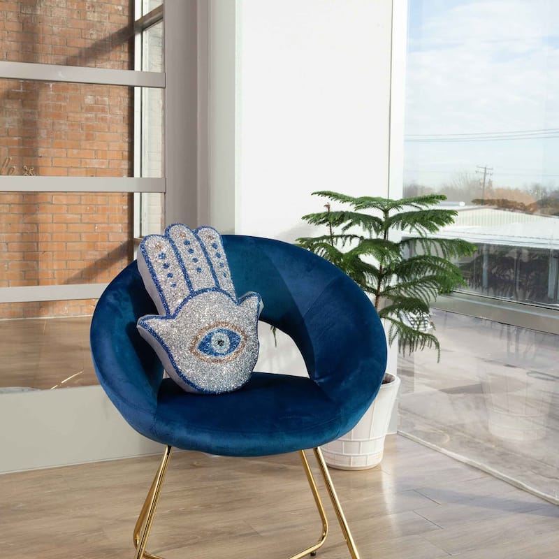 Hamsa Shaped Pillow, Luminous Rhinestones on Silver Velvet