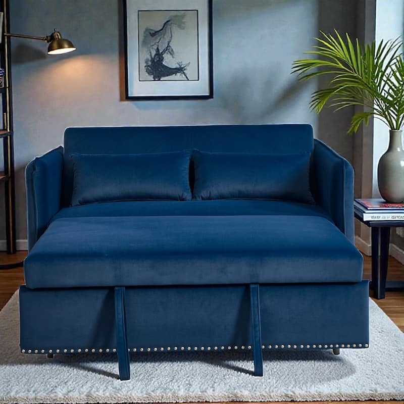 3 in 1 Convertible Sleeper Sofa Bed, Velvet Futon Loveseat with Pull Out Bed, Adjustable Backrest and Side Pockets