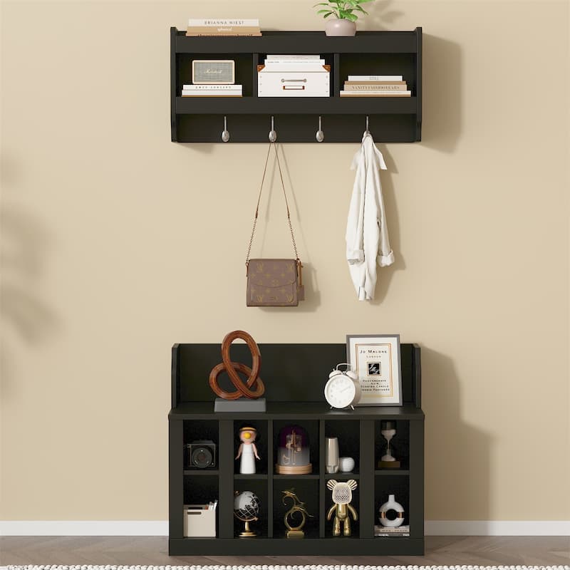 Shoe Storage Bench with Shelves and 4 Hooks