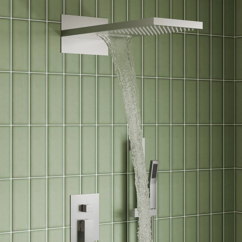 Dual-Function Wall Mounted Waterfall & Rainfall Shower Faucet Set With Rough-In Valve - 22"*10"