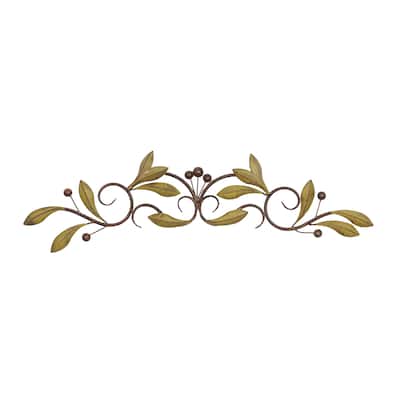 Metal Leaf Home Wall Decor with Scrolled Vine - Green or Red - Roche River Decor