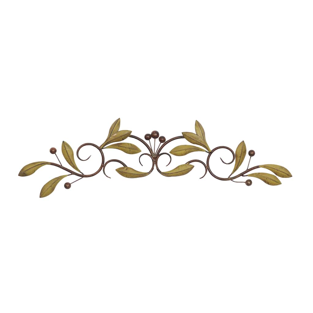 Metal Leaf Home Wall Decor with Scrolled Vine - Green or Red - Roche River Decor