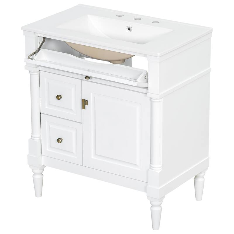 Roomfitters 30" Bathroom Vanity with Sink, Solid Wood Frame, Flip Drawer, 2 Drawers & Door Rack