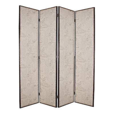 Wooden 4 Panel Foldable Screen with Script Print, Beige