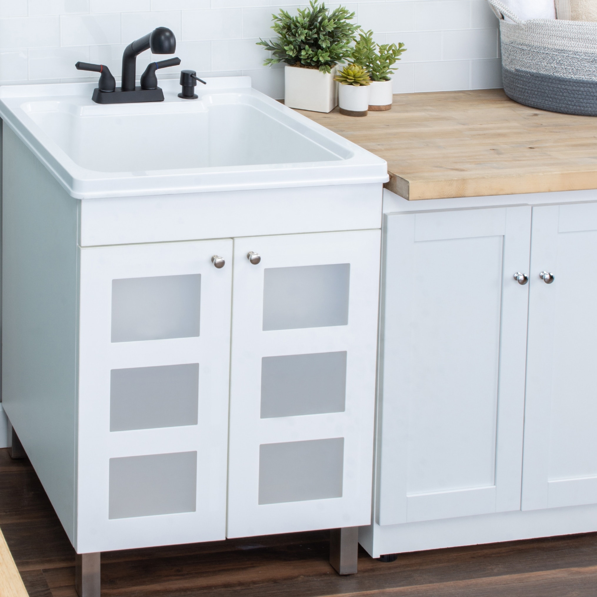 TEHILA White Utility Sink Cabinet Pull out Faucet Soap Dispenser