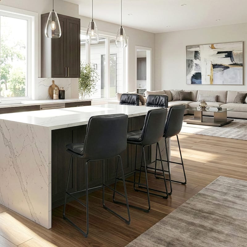 Set of 2 Bauer Black Faux Leather Counter Stool with Black Iron Legs