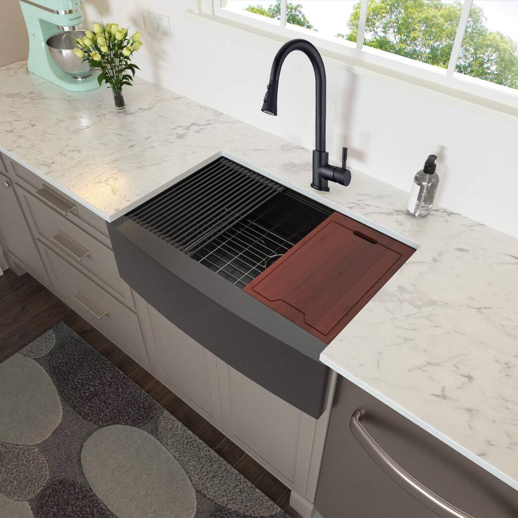 Proox 33 In. Matte Black Farmhouse Apron Front Kitchen Sink w/ accessories