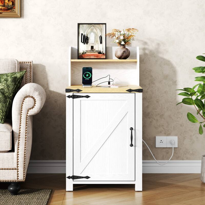 Anmytek Rustic Barn Door Nightstand,End Table with Outlets USB Charging Station LED Lights Storage Cabinet