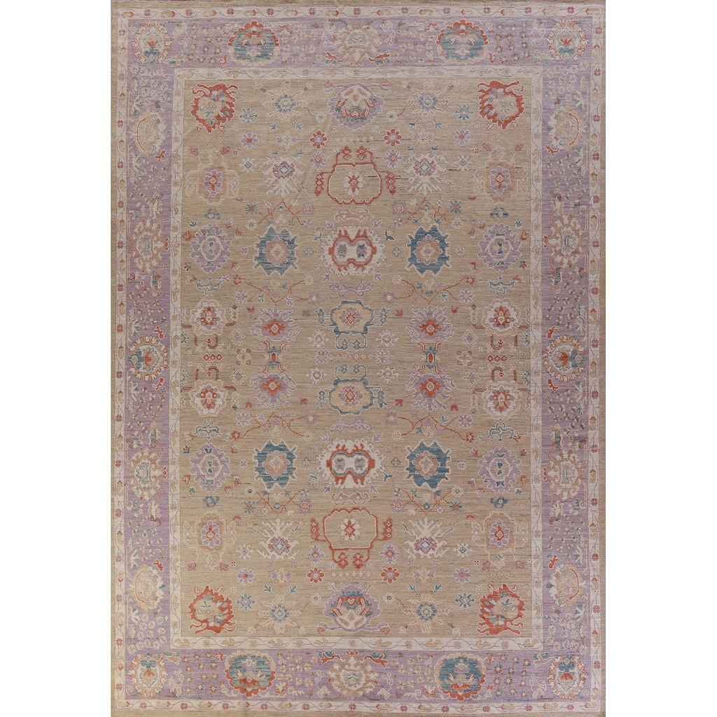 Hand Knotted Oriental 100% Wool Carpet Transitional All-Over Brown Oushak Area Rug - 14' 2'' X 9' 10''