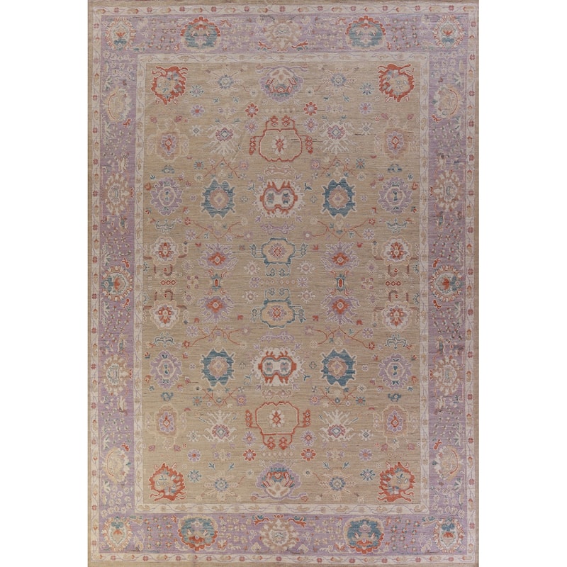 Hand Knotted Oriental 100% Wool Carpet Transitional All-Over Brown Oushak Area Rug - 14' 2'' X 9' 10''