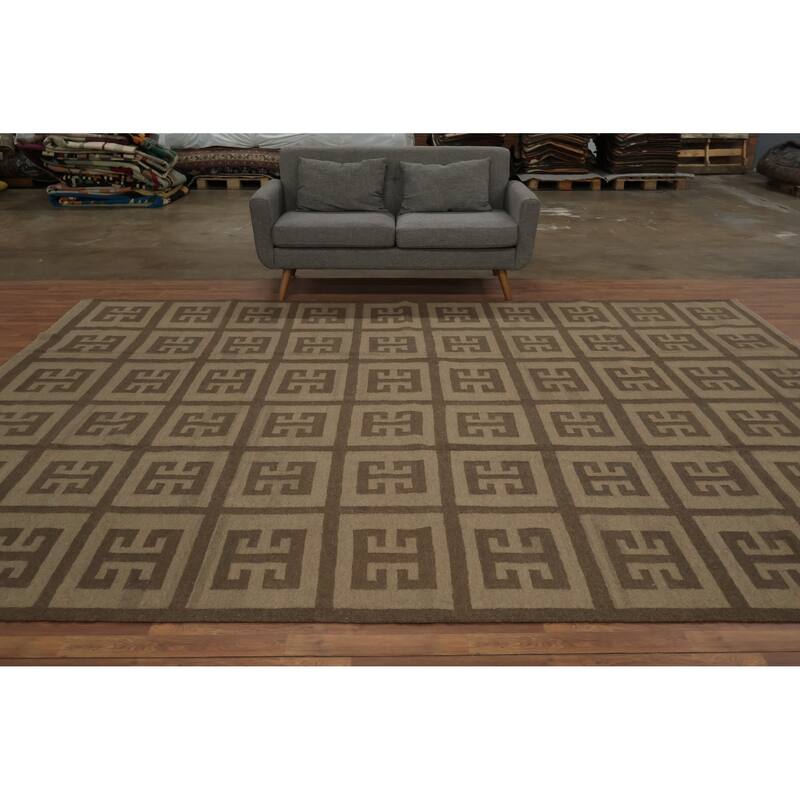 Hand Woven Oriental 100% Wool Carpet Southwestern All-Over Brown Kilim Area Rug - 12' 9'' X 9' 11''