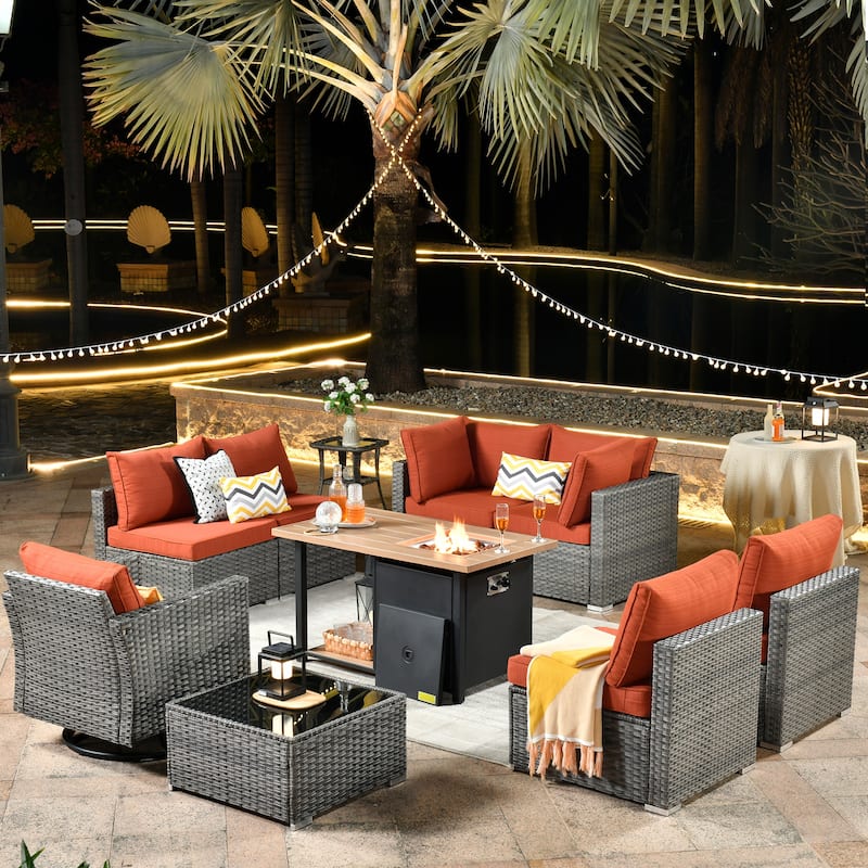 HOOOWOOO 10-piece Grey Rattan Patio Furniture Set with Fire Pit - Red/Orange