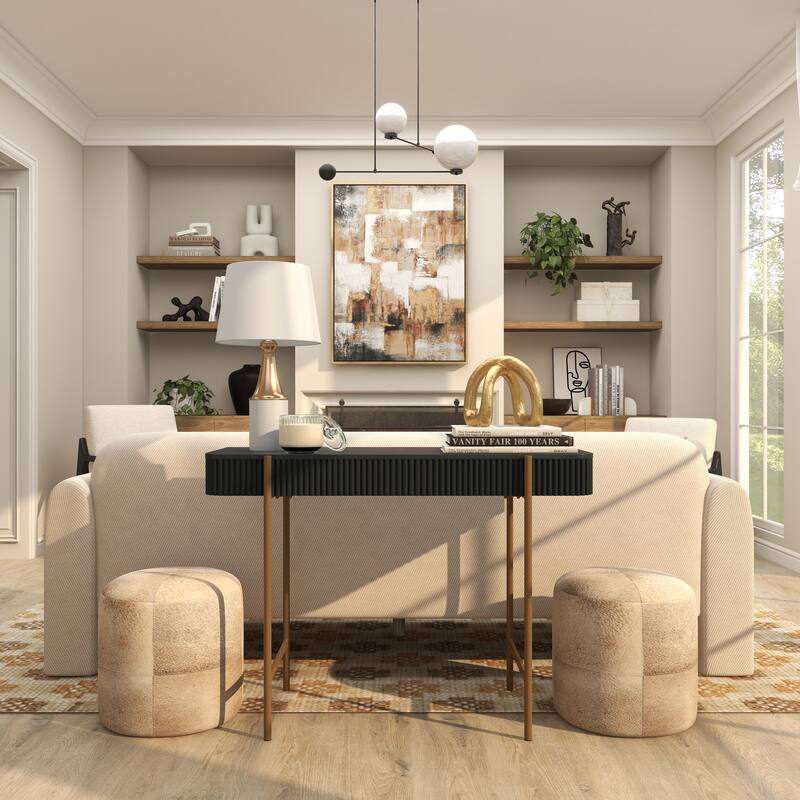 Black Wooden Rounded Rectangular Ribbed Living Room Console Table with Gold Metal Legs