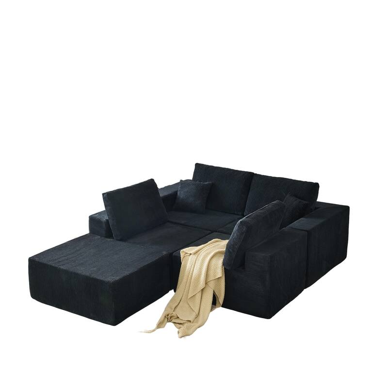 Modular L Shaped Sectional Sofa with Ottoman, Corduroy Boneless Cloud Sofa, 4 Seater Compressed Sofa with 2 Pillows
