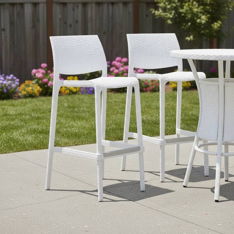 HomeRoots Set of Two 30" White Faux Rattan Low Back Outdoor Bar Height Chairs