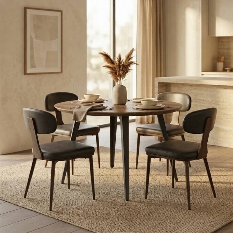 Ravenna 47" Modern Round Wavy Edge Dining Table or Sets with Rustic MDF Tabletop & Leather Armchairs with Industrial Iron Legs