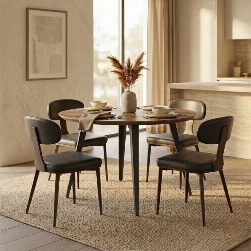Ravenna 47" Modern Round Wavy Edge Dining Table or Sets with Rustic MDF Tabletop & Leather Armchairs with Industrial Iron Legs
