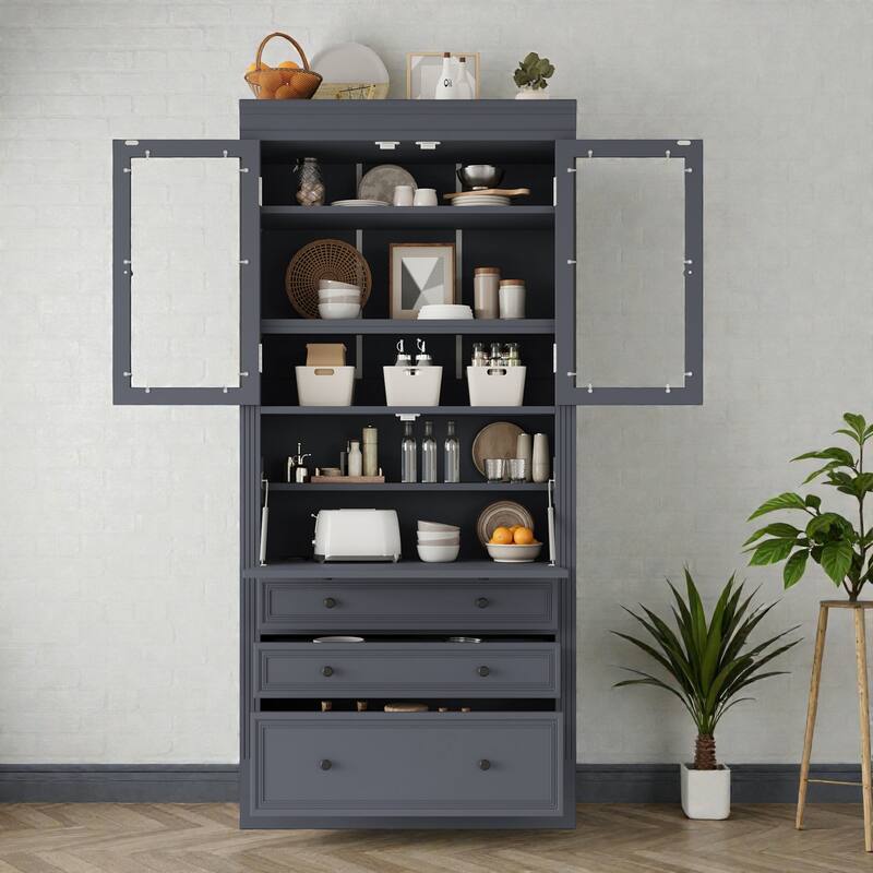 78" Freestanding Kitchen Pantry Cabinet with 3 Drawers, Glass Doors, Adjustable Shelves and Built-In Power Outlet