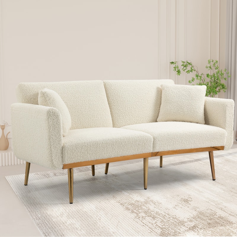 Modern Teddy Upholstered 2-Seater Sofa Bed with 7 Golden Metal Legs