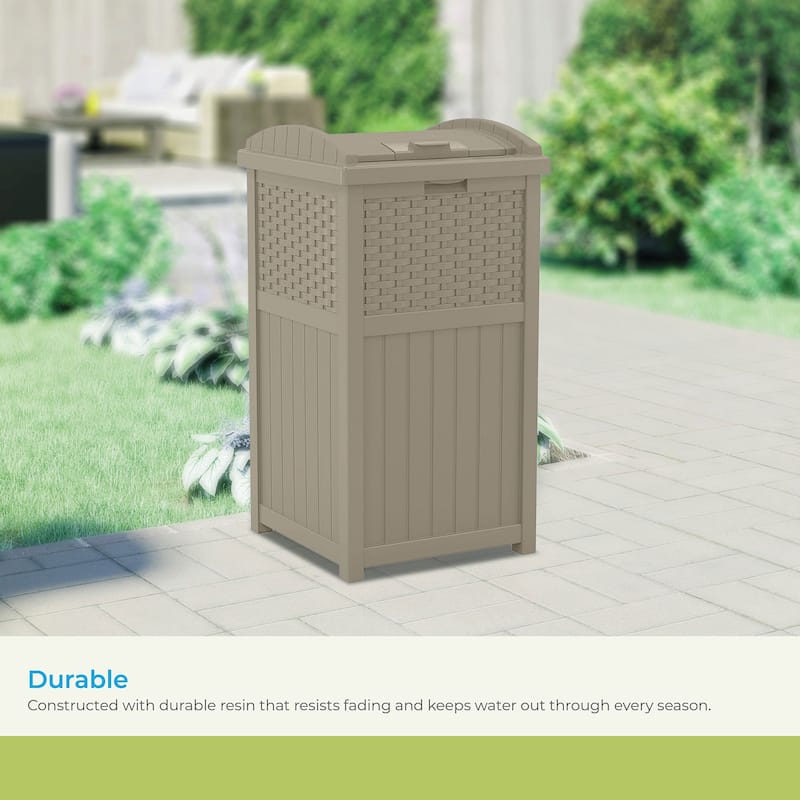 Suncast Wicker Resin Outdoor Hideaway Trash Can with Latching Lid, Dark Taupe