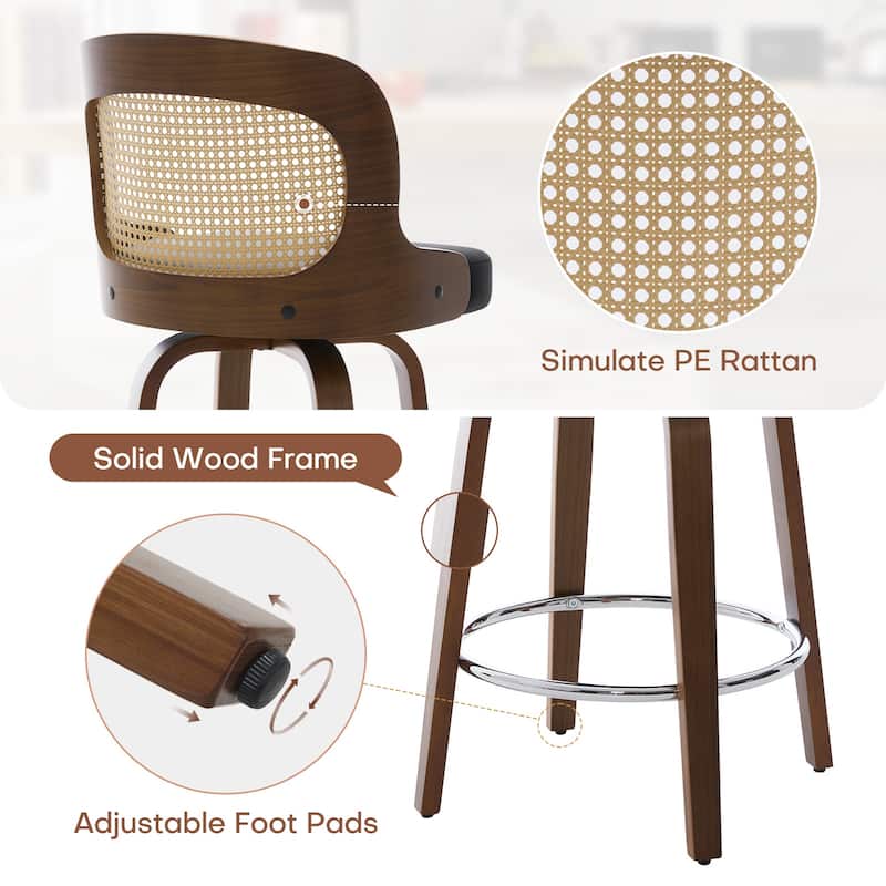 26" Upholstered Swivel Counter & Bar Stool with Rattan Back - 37.4"H x 19.09"W x 19.88"D