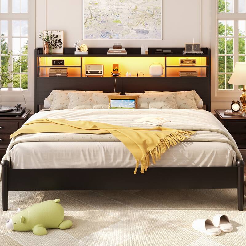 Storage Headboard with USB Port and Power Outlet, Head Board with LED Light for Bed Frame