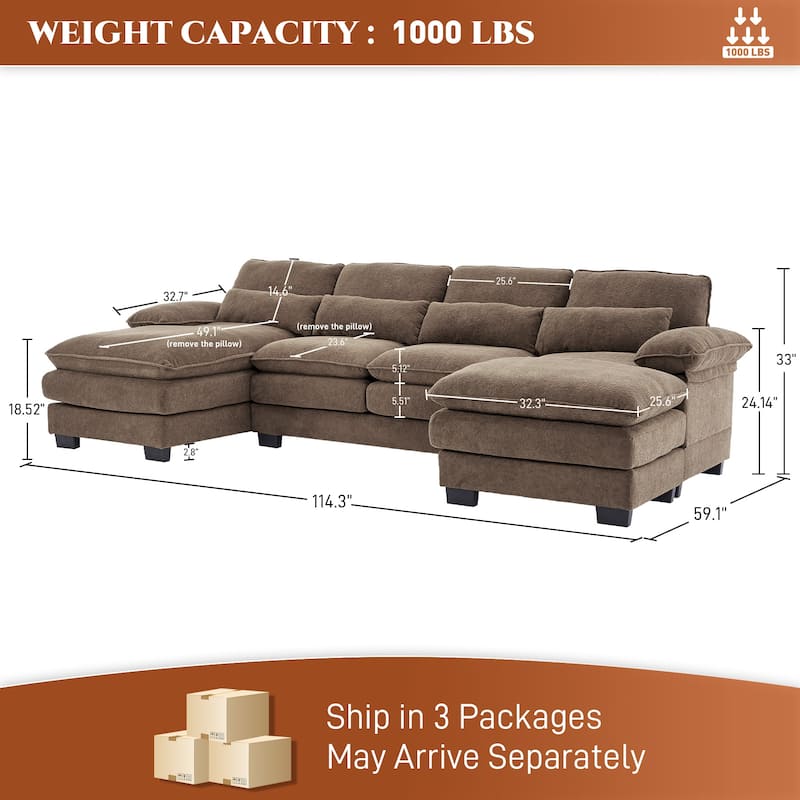 Ouyessir Soft Chenille Fabric U-shaped Sectional Sofa Set with Doudle Layer Cushion