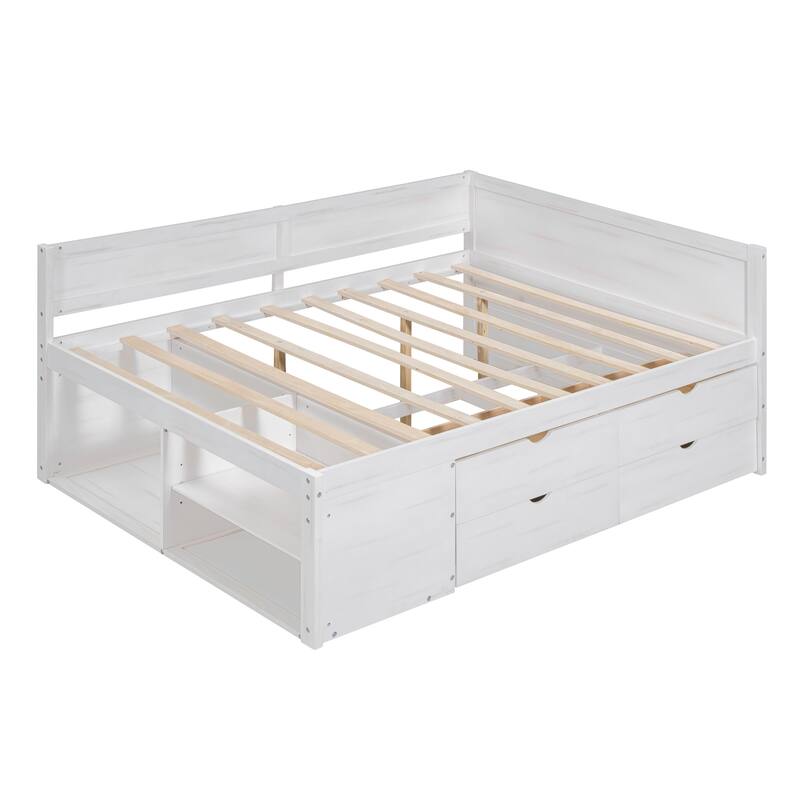 Pine Wood Daybed Frame with 4 Storage Drawers & Shelves
