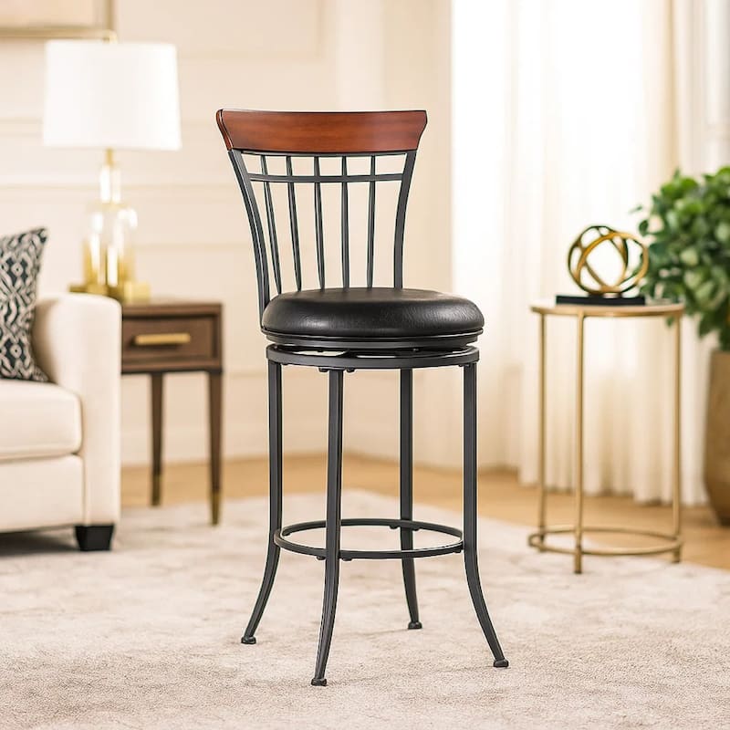 Nira Swivel Counter Chair, Brown Faux Leather, Wood Back, Black Metal