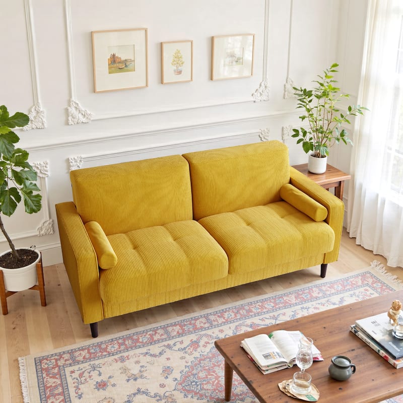 Modern Corduroy Upholstered Loveseat with Bolster Pillows and Wood Legs