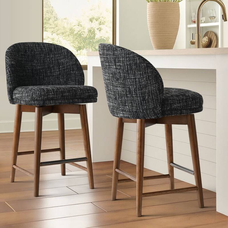 25.5" Swivel Upholstered Counter Stool Solid Wood Leg(Set of 2) - WALNUT-Black