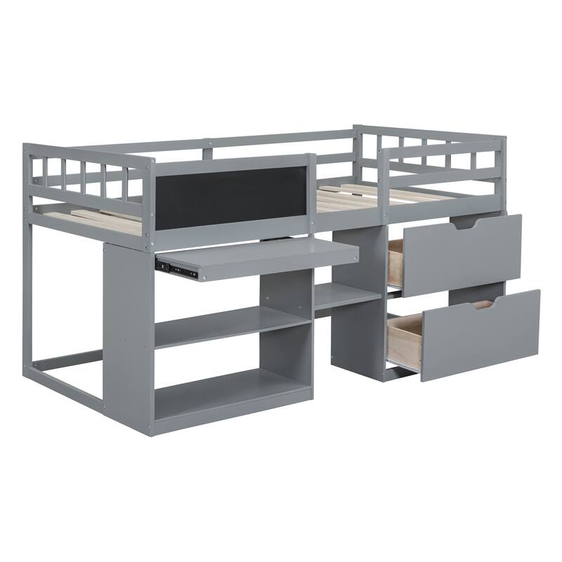 Twin Size Low Loft Bed with Rolling Desk, Shelf, and Drawers in Gray