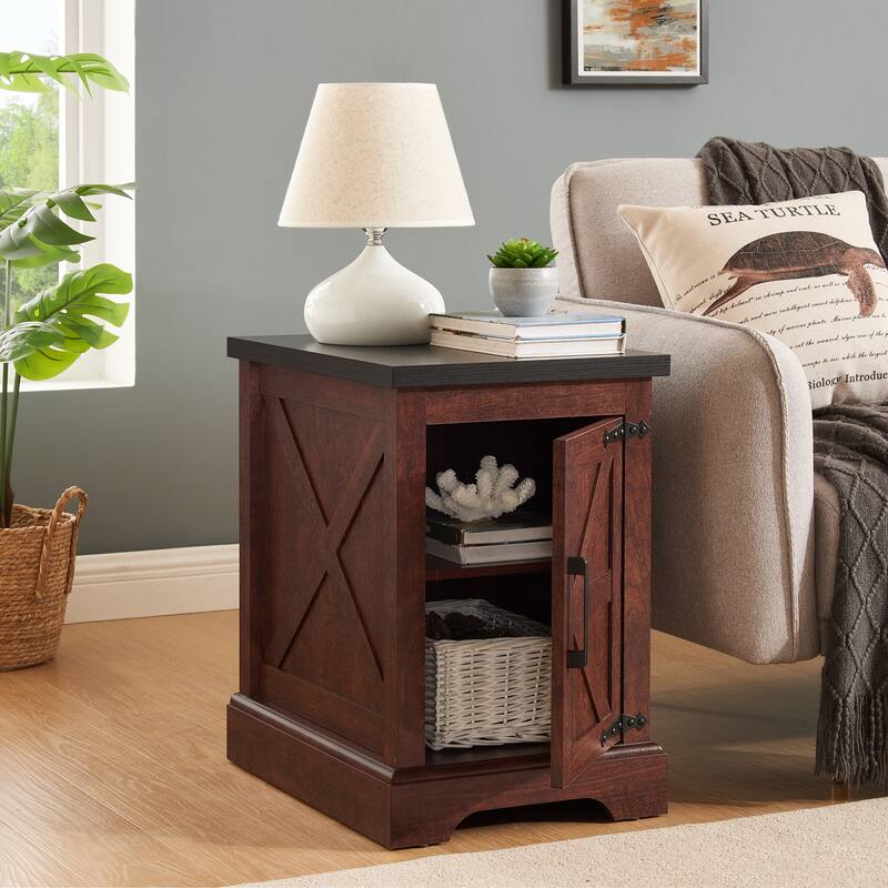 Farmhouse End Table Nightstand Rectangular Farmhouse End Table with Barn Door and Adjustable Storage Shelf