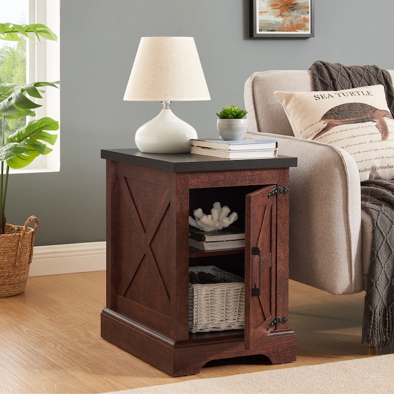 Farmhouse Side Table Narrow Nightstand with Barn Door and Hidden Cabinet for Bedroom Living Room