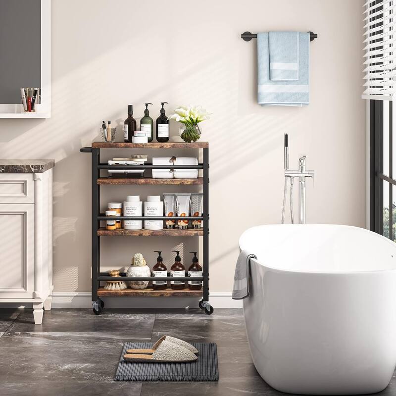 Slim Rolling Utility Carts with Wheels,4-Tier Narrow Kitchen Trolley Cart