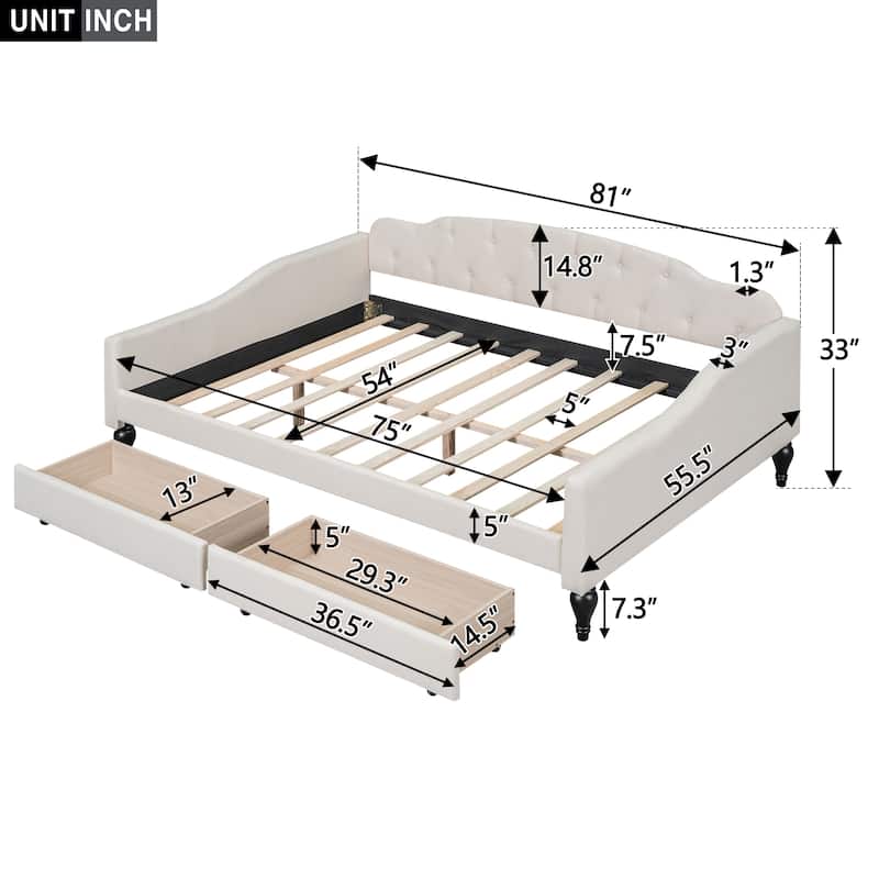 Beige Multifunctional Design Full Size Upholstered Tufted Daybed with Two Drawers for Bedroom