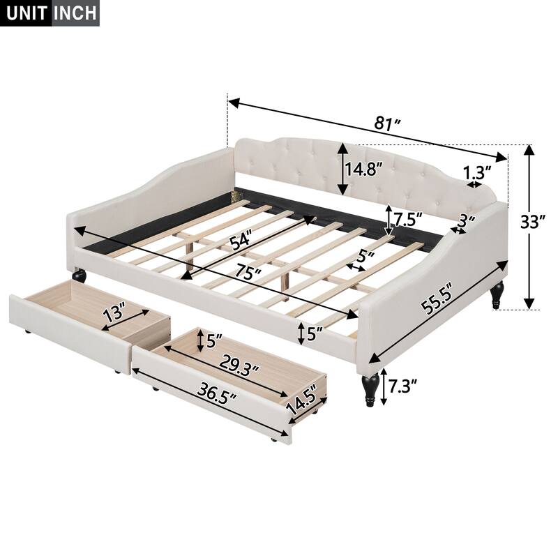 Roomfitters Full Upholstered Tufted Daybed with Side Compartments and Soft Curved Backrest, Beige